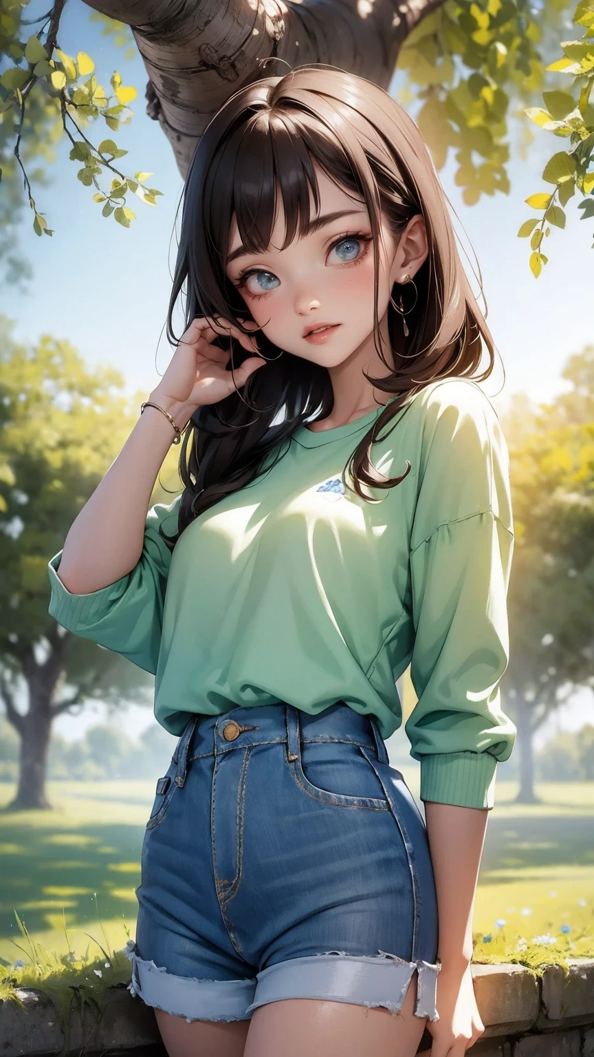 Cute Girl, masterpiece, best quality, Super detailed), Portrait of an 18-year-old woman with light brown hair, curly green eyes, Beige shirt and blue jeans,Smiling man in blue shorts singing under the tree (leaning against tree) and read a brown book - Automobile Surreality -