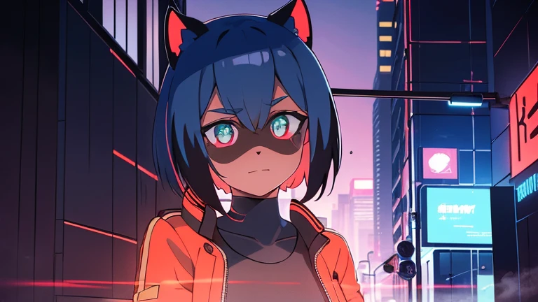 cyberpunk, portrait, Schwarz , Rot neon eyes, stilvoll tragen [Schwarz|Rot] Kleidung steht in einer Stadt, (sonnenaufgang:1.4), Street, kompliziert, fototealistisch