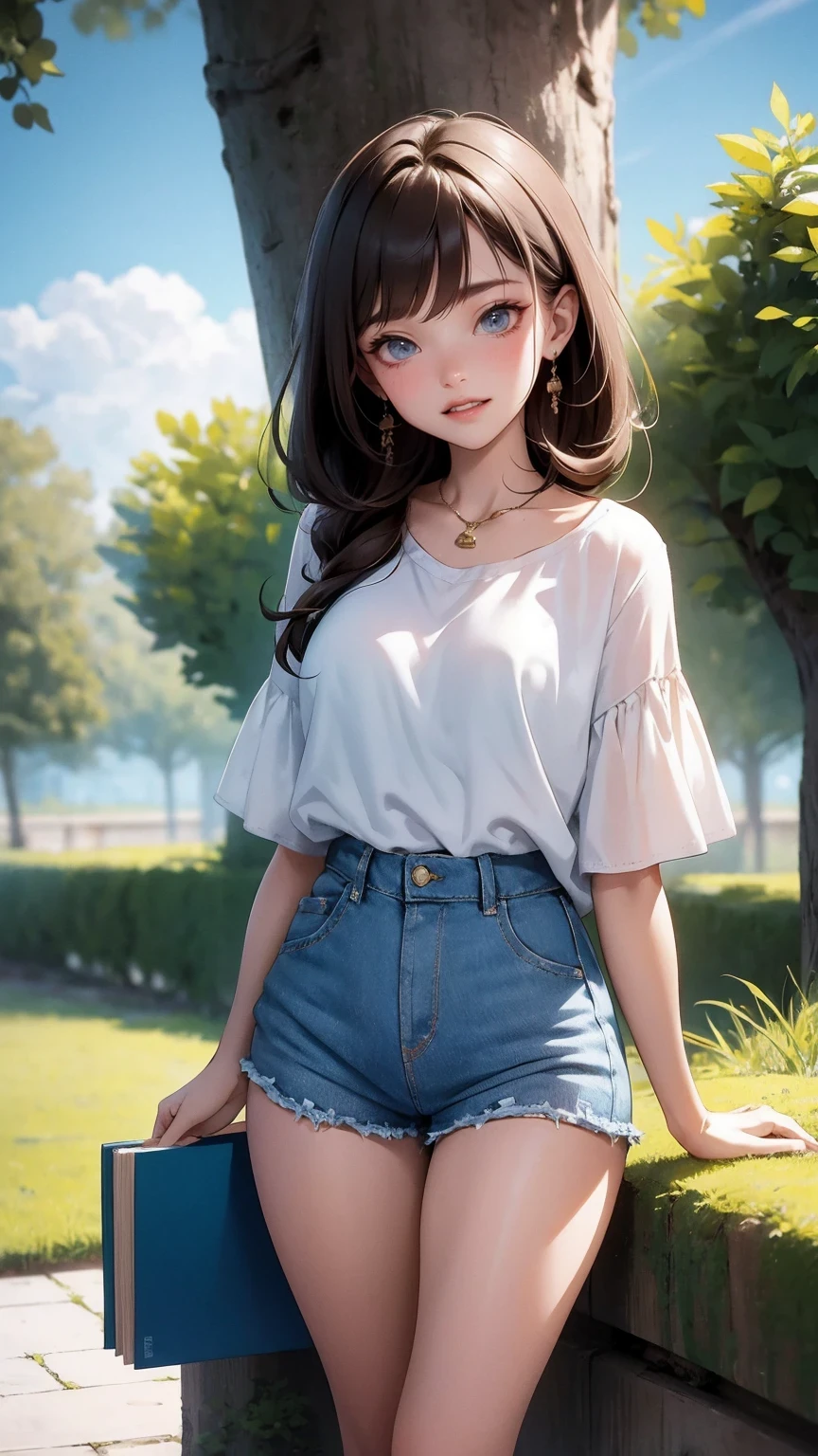 Cute Girl, masterpiece, best quality, Super detailed), Portrait of an 18-year-old woman with light brown hair, curly green eyes, Beige shirt and blue jeans，Smiling man in blue shorts singing under the tree (leaning against tree) and read a brown book - Automobile Surreality -  