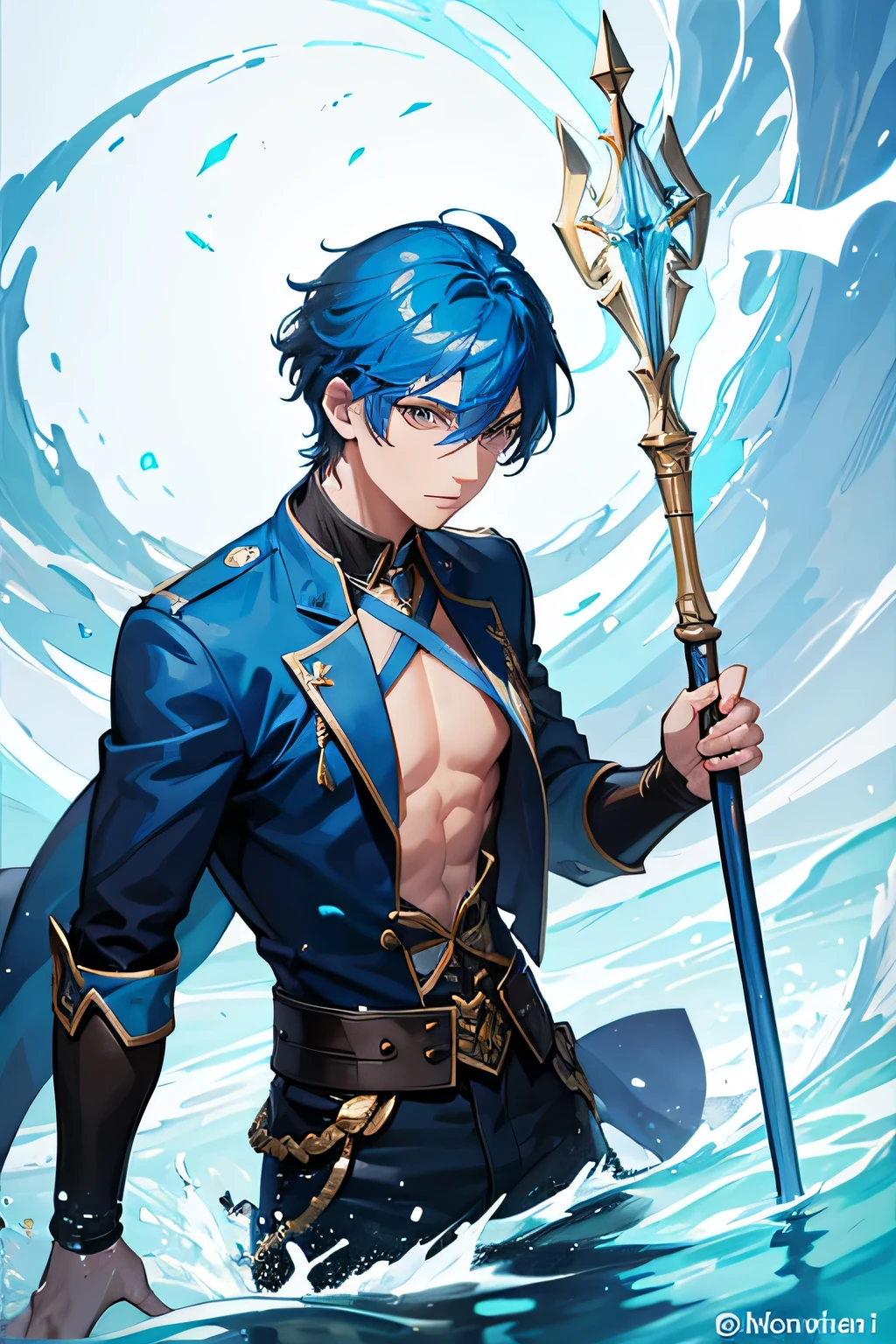 a male hero with blue hair using floating staff and water magic