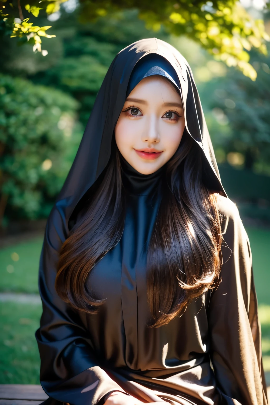 (best quality:1.2),ultra-detailed,(realistic:1.37),beautiful girl,wearing a hijab,long dark hair,deep brown eyes,soft smile,draping fabric,shiny silk,flowing dress,vibrant colors,graceful pose,lush garden background,warm sunlight,soft shadows,serene atmosphere