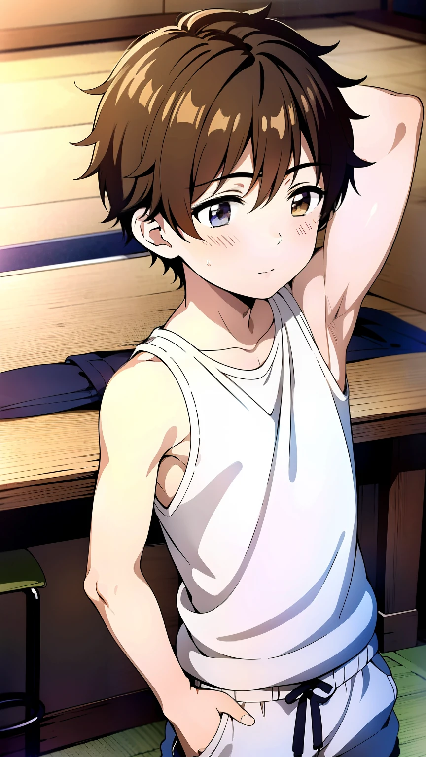 Highres,Masterpiece, Best quality at best,Best Quality,hight quality, hight detailed, Anime style, 1boy, Little Boy, Shota, indoor, Adirable boy, Cheerful boy, basket uniform,Tank Tops, (Showing armpit:1.3), (Sooth armpit), little sweat, boy focus, Uhd, Simple beckground