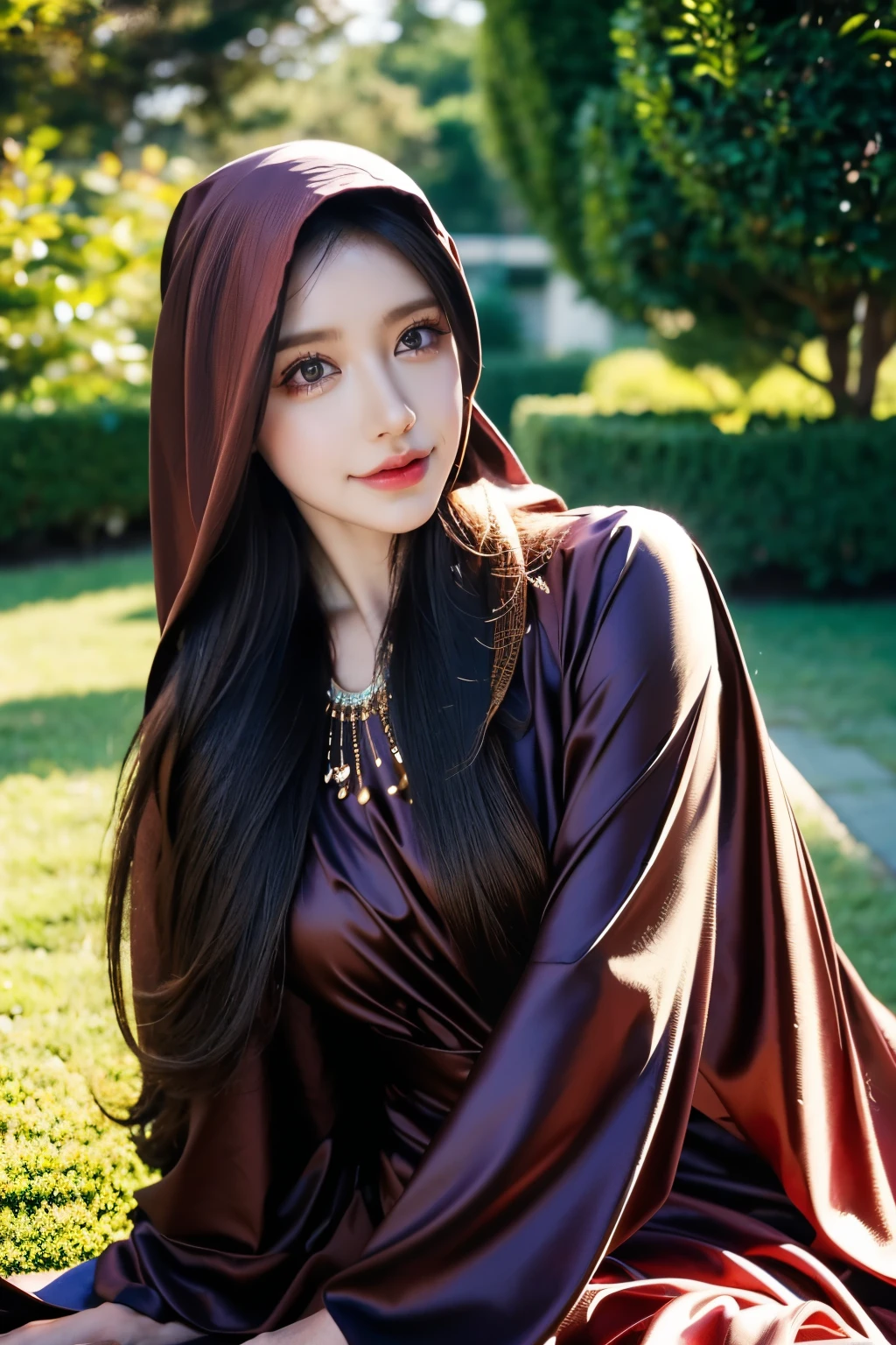 (best quality:1.2),ultra-detailed,(realistic:1.37),beautiful girl,wearing a hijab,long dark hair,deep brown eyes,soft smile,draping fabric,shiny silk,flowing dress,vibrant colors,graceful pose,lush garden background,warm sunlight,soft shadows,serene atmosphere