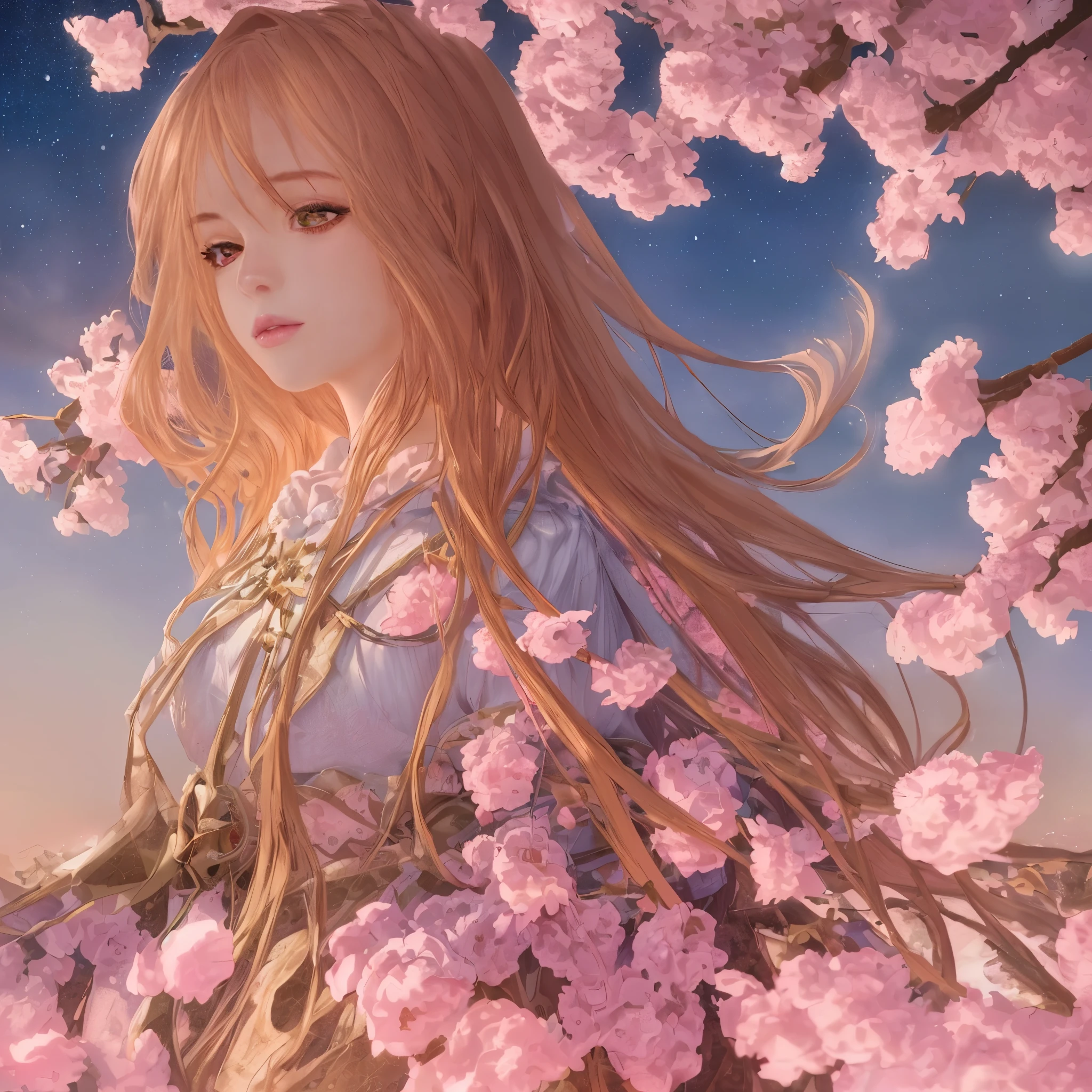 (best quality,8k,highres:1.2),hyperrealistic,extreme detailed,portrait,1girl,pink and white long hair,golden brown eyes,detailed lips,view of sky,starry night,under sakura tree