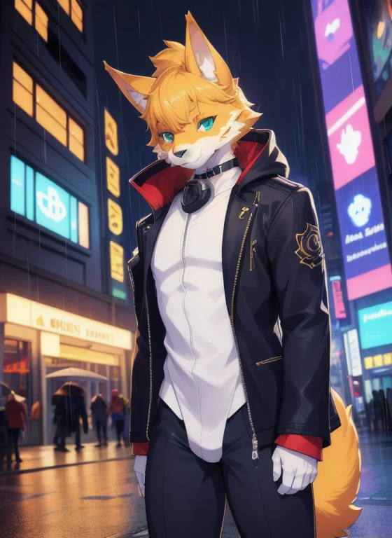 Award winning beautiful portrait commission of a male furry anthro protogen fursona with a tail and a cute beautiful attractive detailliert furry face wearing stylish cyberpunk clothes, Gliederung, In einer Stadt nachts, while it rains. Charakterdesign von Charlie Bowater, Ross Tran, artgerm, und Makoto Shinkai, detailliert, colored, westliche Comic-Kunst