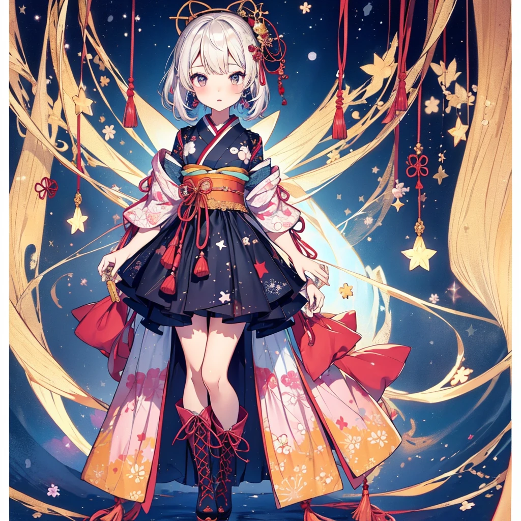 1girl、vtuber-fullbody、Star Fairy、masterpiece、official art、Super detailed、super beautiful、かわいいStar Fairy、white straight short hair、Milky Way、universe、star charm、star、baby face、Knee-high boots、Japanese pattern dress、A beautiful girl wearing black and white clothes that are a remake of a yukata.、universeを思わせるOiranフリルドレス、Oiran
