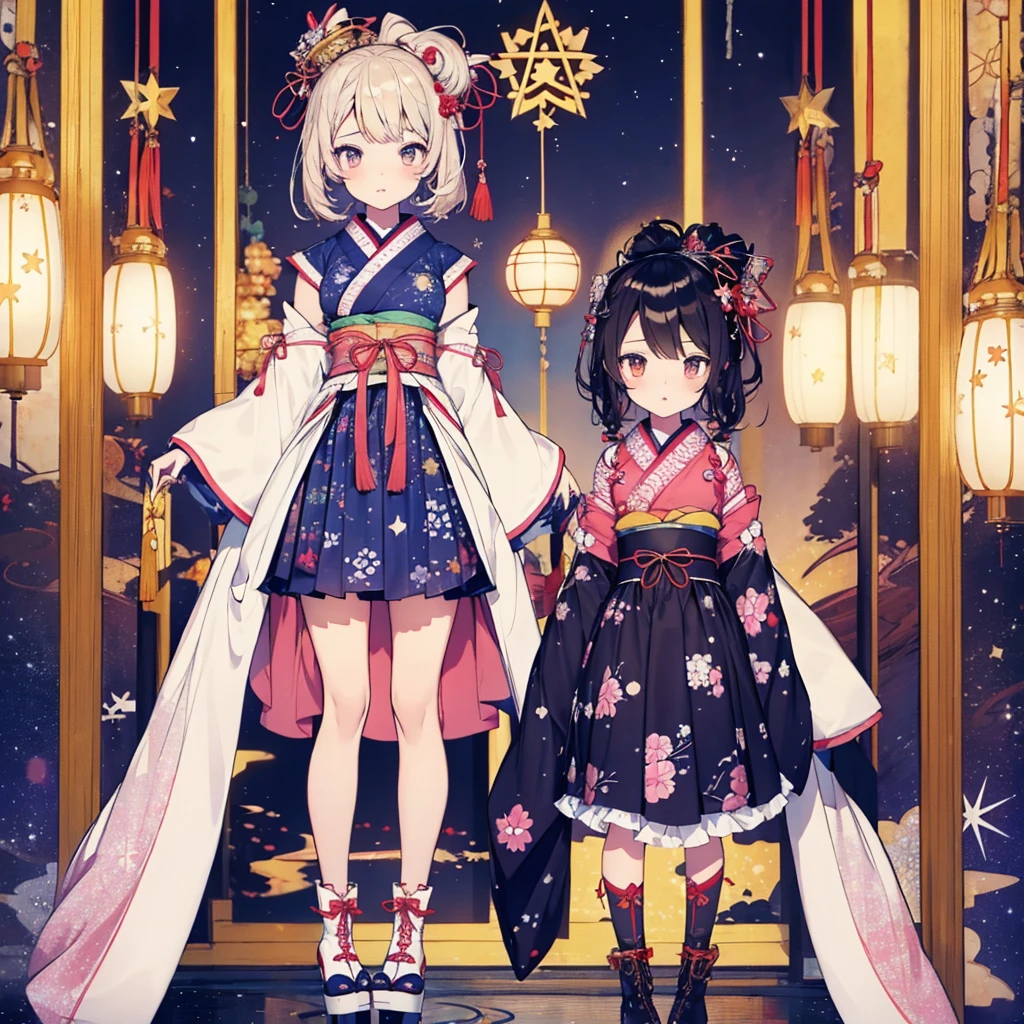 1girl、vtuber-fullbody、Star Fairy、masterpiece、official art、Super detailed、super beautiful、かわいいStar Fairy、white straight short hair、Milky Way、universe、star charm、star、baby face、Knee-high boots、Japanese pattern dress、A beautiful girl wearing black and white clothes that are a remake of a yukata.、universeを思わせるOiranフリルドレス、Oiran