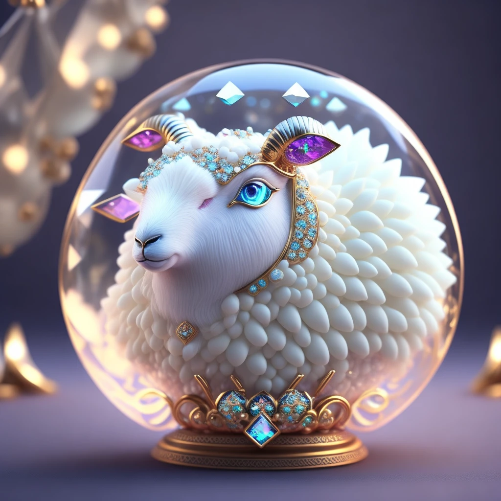 Cute crystal ball zodiac sheep,Decorated with various jewelry and low polygonal eye designs, A highly detailed and complex concept work using Artstation 8k quality.
