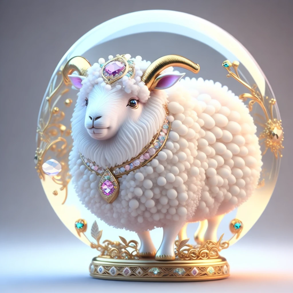 Cute crystal ball zodiac sheep,Decorated with various jewelry and low polygonal eye designs, A highly detailed and complex concept work using Artstation 8k quality.