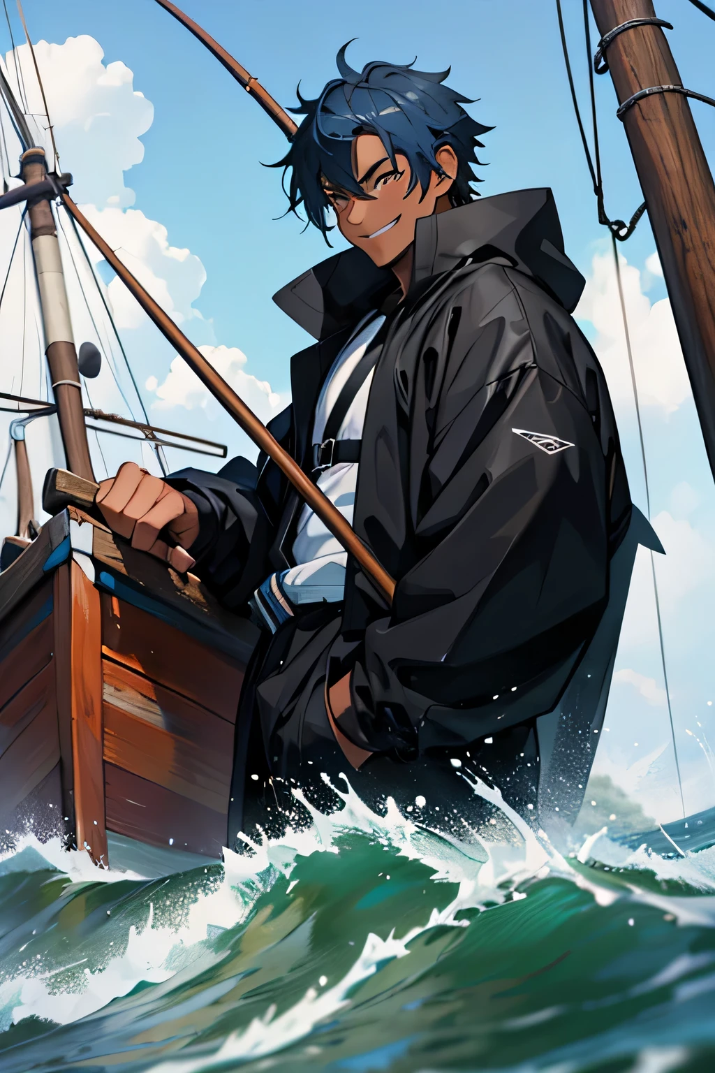 man, strong, smile, black raincoat, short blue hair, tanned skin, in a fishing boat, anime style