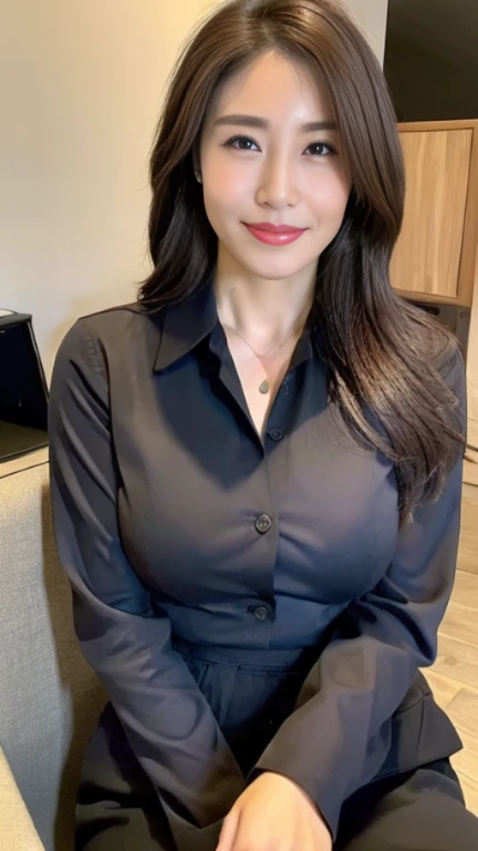 ((highest quality, 8K, masterpiece, portrait: 1.3)), (looking at the viewer), (full shot:0.85), attractive business mature woman, 1 person、 white collared shirt, gray skirt,((big breasts 2.2)) (big pelvis:0.3),((Plump 2.2))、 (officeの机にあぐらをかいて座っている)), smile:0.2, president'office,good posture、Brown medium hair、gentle smile、office、In the office、