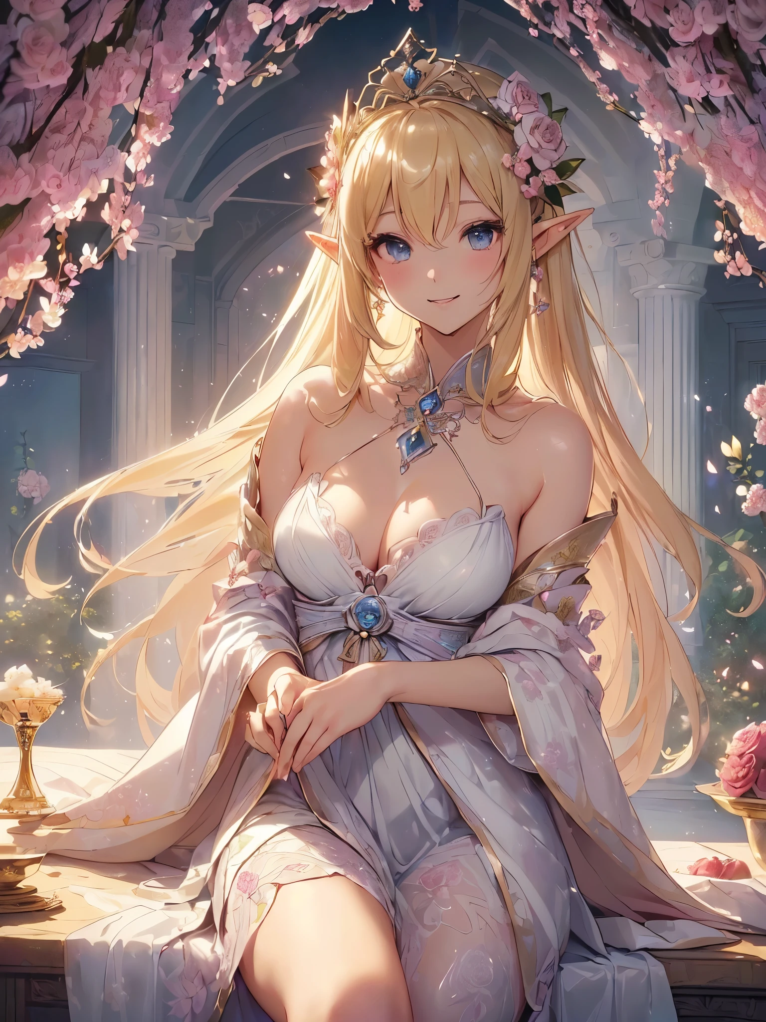highest quality、Highest image quality、masterpiece、beautiful face、、Titania、Super beautiful elf beauty((22 years old OL big bust、bust 90,beautiful long ironed hair、blonde、Height: 165cm。slender、sexy、Esbian、beautiful tiara、night、High quality、美しいart、Beautiful bed、canopy、Canopy、muste piece、ビジュアルart、Depth of the bounds written、、elf ears、、Lightのmagic、universe、A happy smile、穏やかなLight、Elven Forest、cherry blossoms、、elegant、ticker beautiful decorative、marble columns、fresco、Mosaic floor、mystical　rosa、Rose、flower瓶magicのflower、flowerを作るmagic、Light、　the sky、beautiful dressy、beautiful dress、table、myth、ART、Lord of the Ring、sexy、friendly smile、Fantastic、cherry blossoms、舞い散るflowerびら、cherry blossomsのflower、universeのmagic、magicのLight、fantasy、flower、super REALITYたくさんのRose、magic、Interior decoration、Many tapestries、Grow fantasy、、mysteryのLight、byzantine、renaissance、Art nouveau、alphonse　Mucha、、art、art,mystery,UHD,magicalgentle light,sexy、