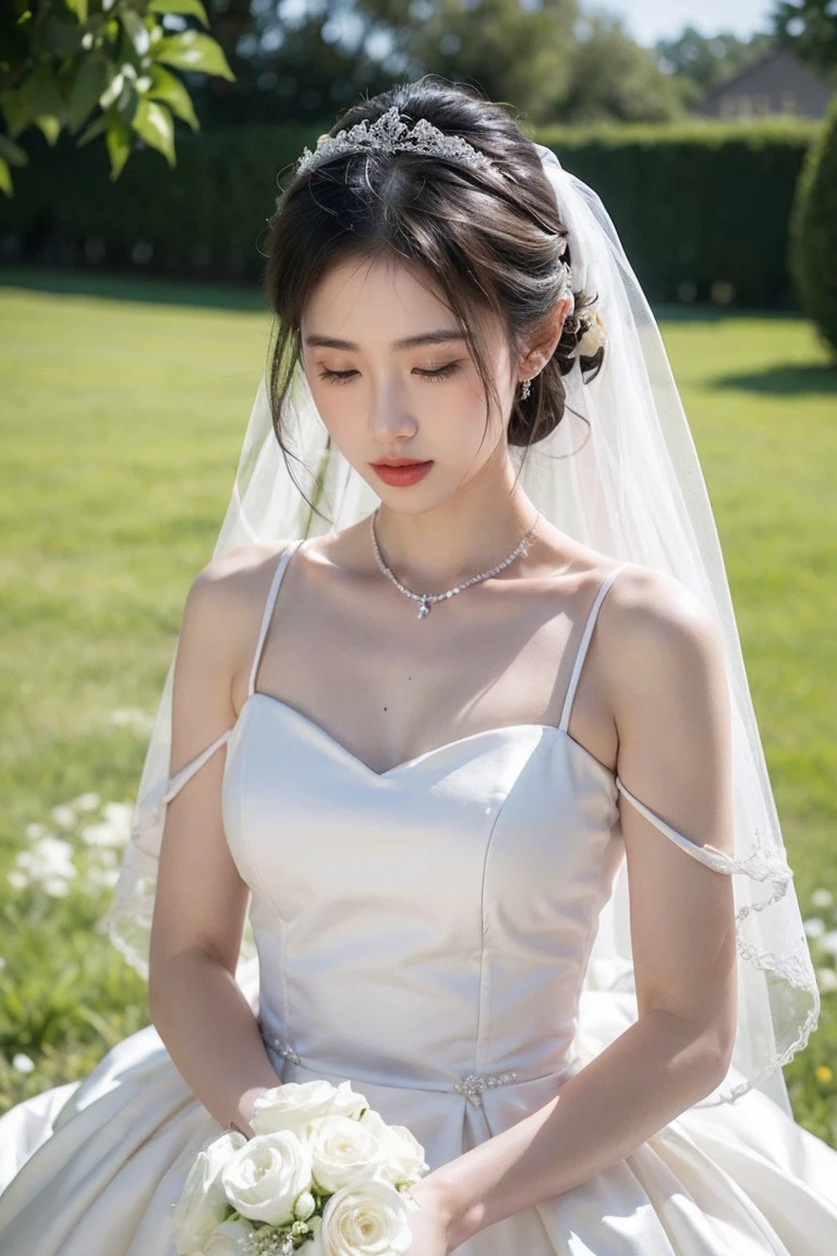 Half neck White weeding dress like christan in weading background,