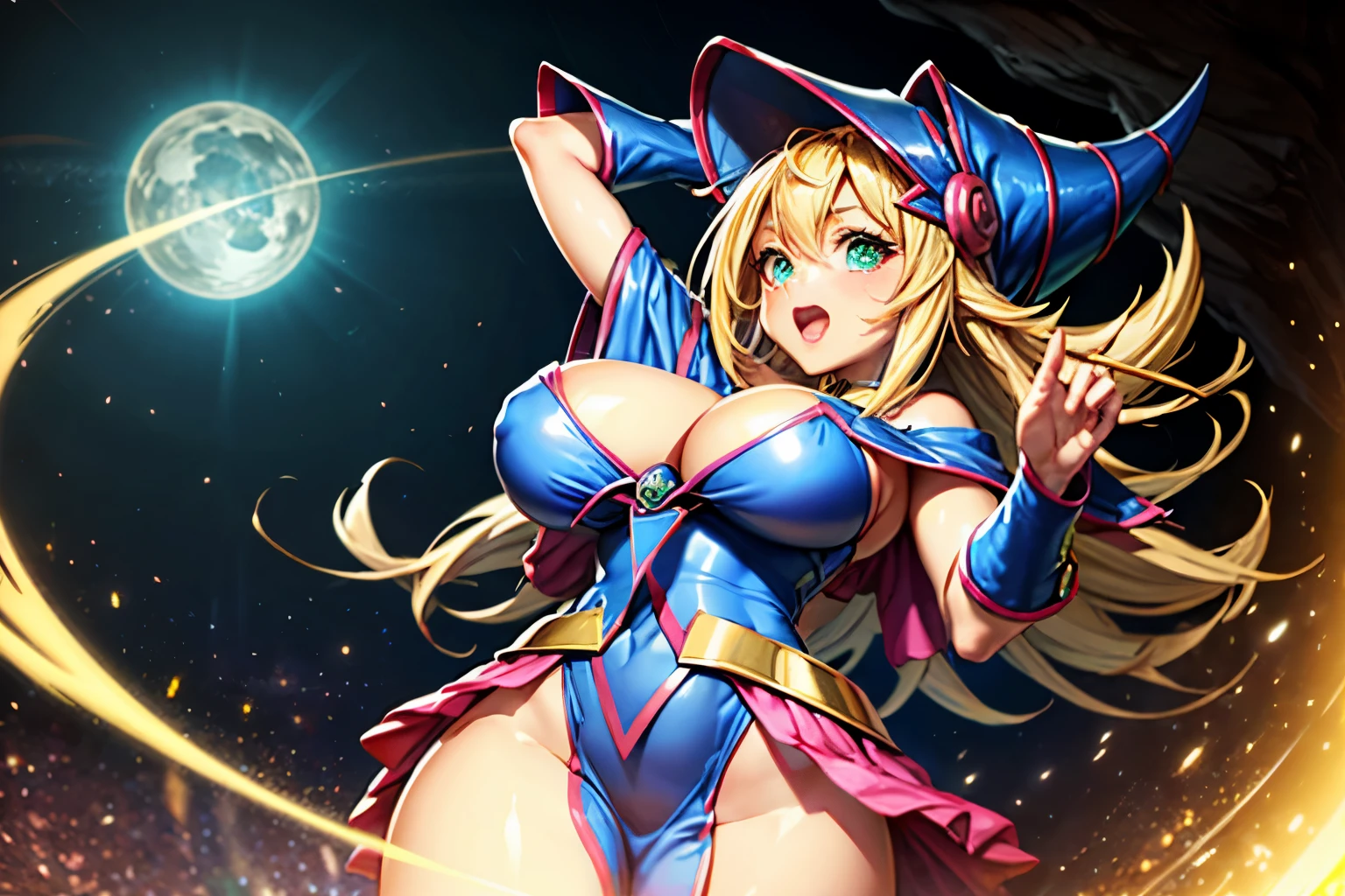 (Obra maestra:1.2), (La mejor calidad:1.2), Perfect lighting, Chica Maga Oscura lanzando un hechizo, flotando en el aire, tetas grandes, escote, fondo de magia. Corazones transparente en el hambiente, blue robe, sombrero grande, desde arriba, Destellos, Yugioh Card en el fondo