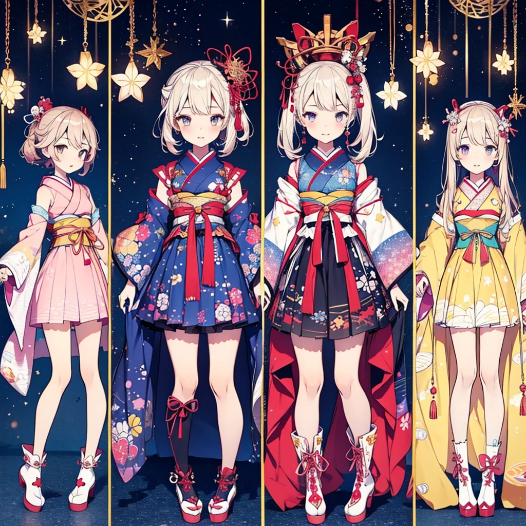 1girl、vtuber-fullbody、Star Fairy、masterpiece、official art、Super detailed、super beautiful、かわいいStar Fairy、white straight short hair、Milky Way、universe、star charm、star、baby face、Knee-high boots、Japanese pattern dress、A beautiful girl wearing black and white clothes that are a remake of a yukata.、universeを思わせるOiranフリルドレス、Oiran