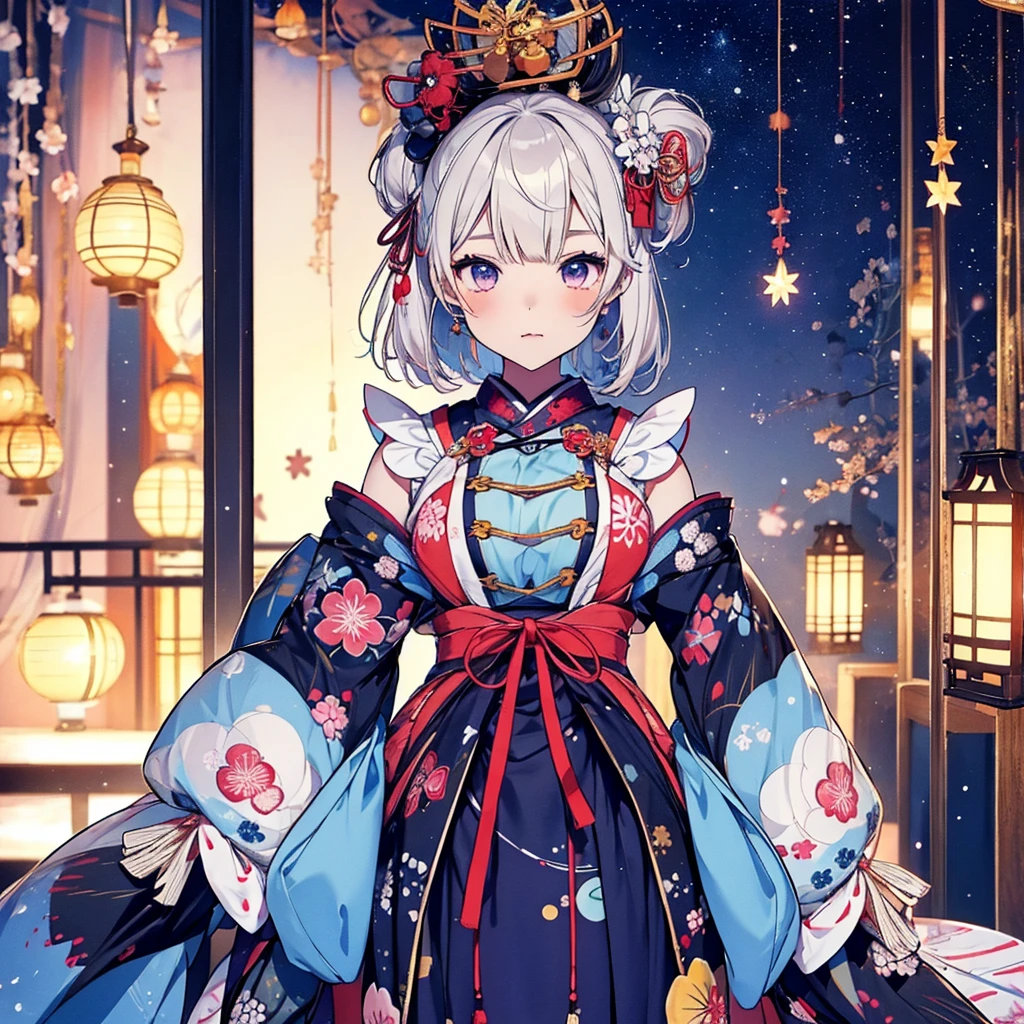 1girl、vtuber-fullbody、Star Fairy、masterpiece、official art、Super detailed、super beautiful、かわいいStar Fairy、white straight short hair、Milky Way、universe、star charm、star、baby face、Knee-high boots、Japanese pattern dress、A beautiful girl wearing black and white clothes that are a remake of a yukata.、universeを思わせるOiranフリルドレス、Oiran