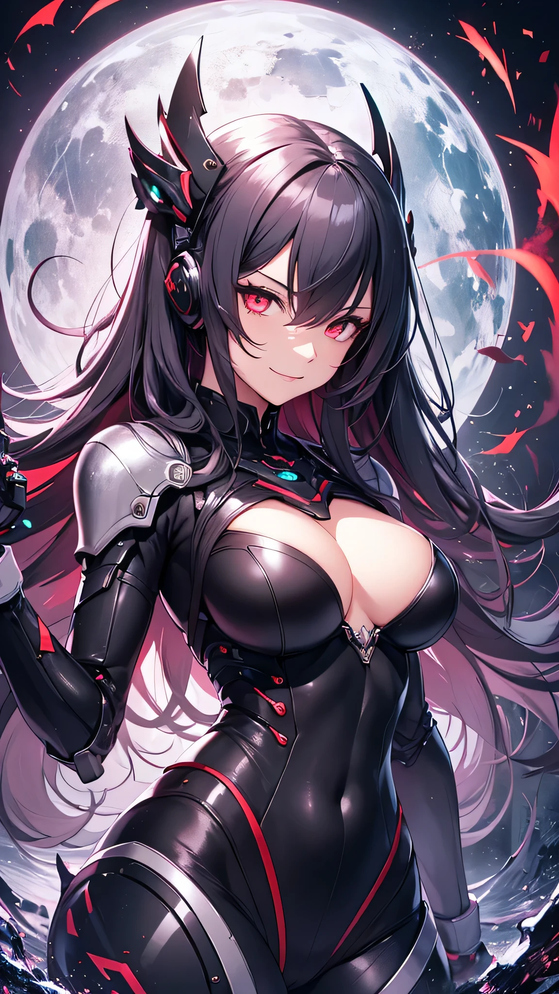 最high quality、best image quality、masterpiece、android girl((18-year-old、 By becoming、vest bust、medium bust,wide open breast tea、red glowing eyes, water hair、messy hair、long hair、thin,highest valley、Blue robot body、Shiny red body、Close ~ eyes、attack、Show the whole body、robot arm、robot feet、villain、evil smile、bad smile、laugh loudly、villain pose、Black robot wings,sharp nails、prick々New bodysuit、With a big sword、floating in the air)),high quality、beautiful art、background((dark bio facility、dark room、Infrared Sensor、red lighting))、Flight、debris flies、Depth of written boundary、movie、visual art、perfect art、8K,genuine、