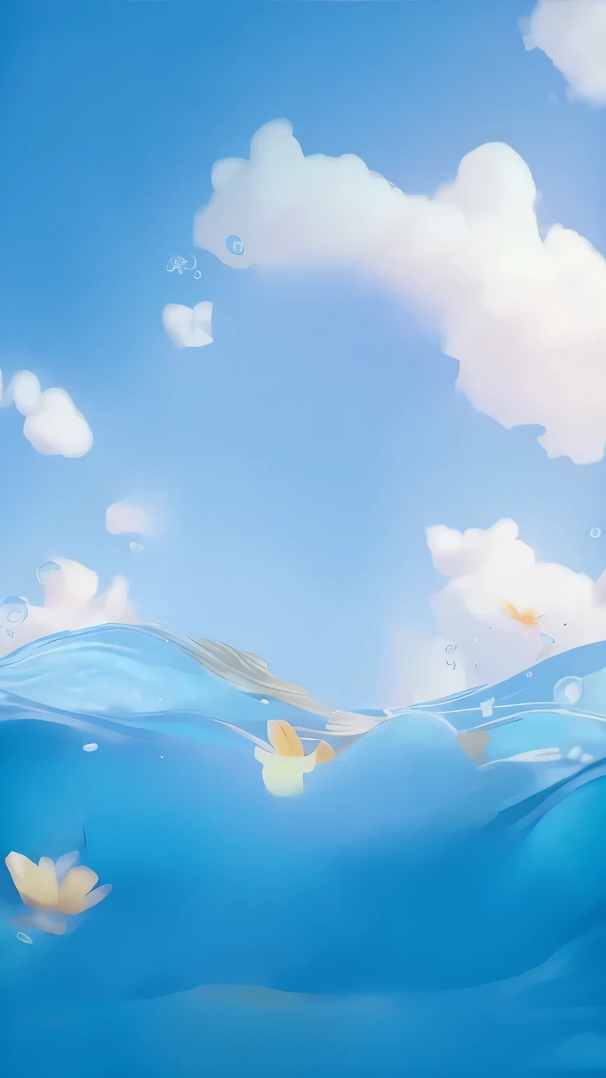 There is a cartoon,The painting shows a man swimming in the sea, Bubble-filled underwater scenery, ocean background, Fairy tale style background, underwater background, Sunny day background, breeze background, water background, sea background, clear summer sky background, background art, underwater bubbles background, Blurry and dreamy illustration, Realistic detailed background, wild ocean background, ocean in background