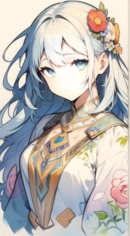 A rough sketch colored with watercolors、Shows a highly detailed portrait of a full head with flowers in the hair。, very fine eyes, beautiful eyes, perfectly centered image, White space around drawings, Pay attention to the face line, dripping watercolor, ink outline, Art by Carne Griffiths and Alphonse Mucha, 32K resolution, best possible quality, Like a doll