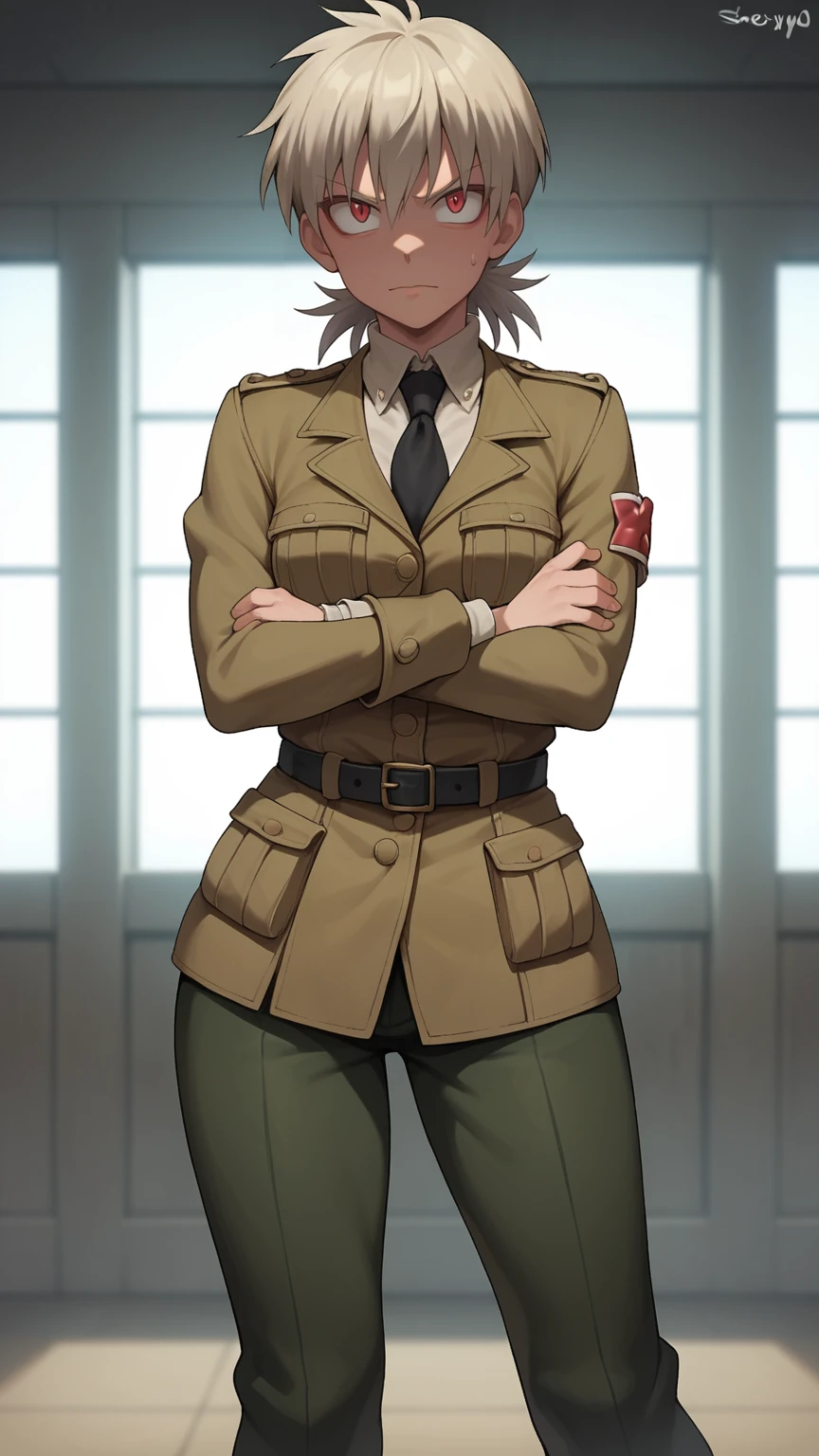 score_9,score_8_up,score_7_up, BREAK, 1 girl, solo, seras, hellsing, snout, pig snout, indoors, standing, frustrated, looking at viewer, pig nose, semi furry