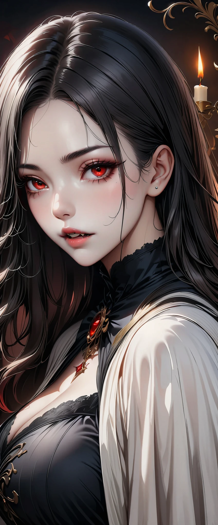 (highest quality, 4k, 8K, High resolution, masterpiece:1.2), Super detailed, vampire, Detailed and beautiful eyes, luscious lips, luxurious appearance, pale skin, flowing black hair, big breasts, Dark Mysterious Atmosphere, ornate victorian costumes, sharp fangs, seductive charm, elegant posture, sharp gaze, Moonlit settings, Elegant and sophisticated style, Subtle nuances of light and shadow, Color palette of deep burgundy and rich black, twinkling candle light, artistic brush strokes, unforgettably beautiful, highly realistic rendering, 魅惑的なmasterpiece.