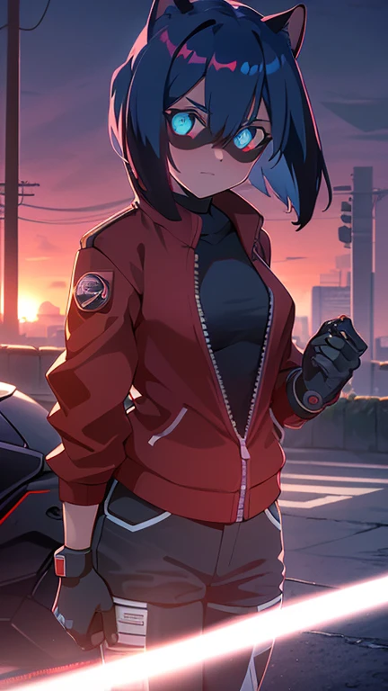 cyberpunk, portrait, Schwarz , Rot neon eyes, stilvoll tragen [Schwarz|Rot] Kleidung steht in einer Stadt, (sonnenaufgang:1.4), Street, kompliziert, fototealistisch , hole body.1.3, ( futuristisches motorrad fahrend:1.4)