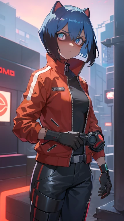 cyberpunk, portrait, Schwarz , Rot neon eyes, stilvoll tragen [Schwarz|Rot] Kleidung steht in einer Stadt, (sonnenaufgang:1.4), Street, kompliziert, fototealistisch , hole body.1.3, ( futuristisches motorrad fahrend:1.4)