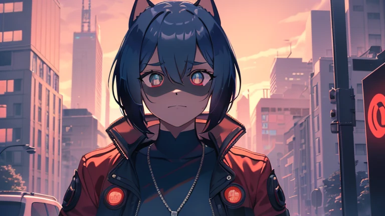 cyberpunk, portrait, Schwarz , Rot neon eyes, stilvoll tragen [Schwarz|Rot] Kleidung steht in einer Stadt, (sonnenaufgang:1.4), Street, kompliziert, fototealistisch