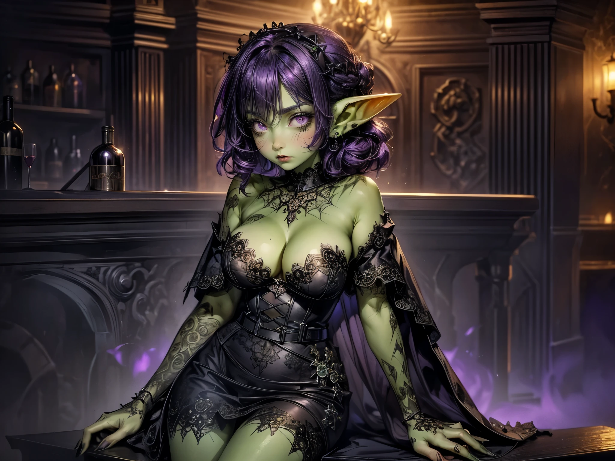 ((best quality)), ((masterpiece)), (detailed), 4k dark gothic horror style, Halloween style, very small goblin girl, green skin, pointy ears, short purple hair with black streaks pixie hairstyle, bright red eyes, visible midriff, cleavage, sitting in huge ornate gothic chair, holding large glass of wine, in ornate gothic wine bar, purple cape, silk stockings