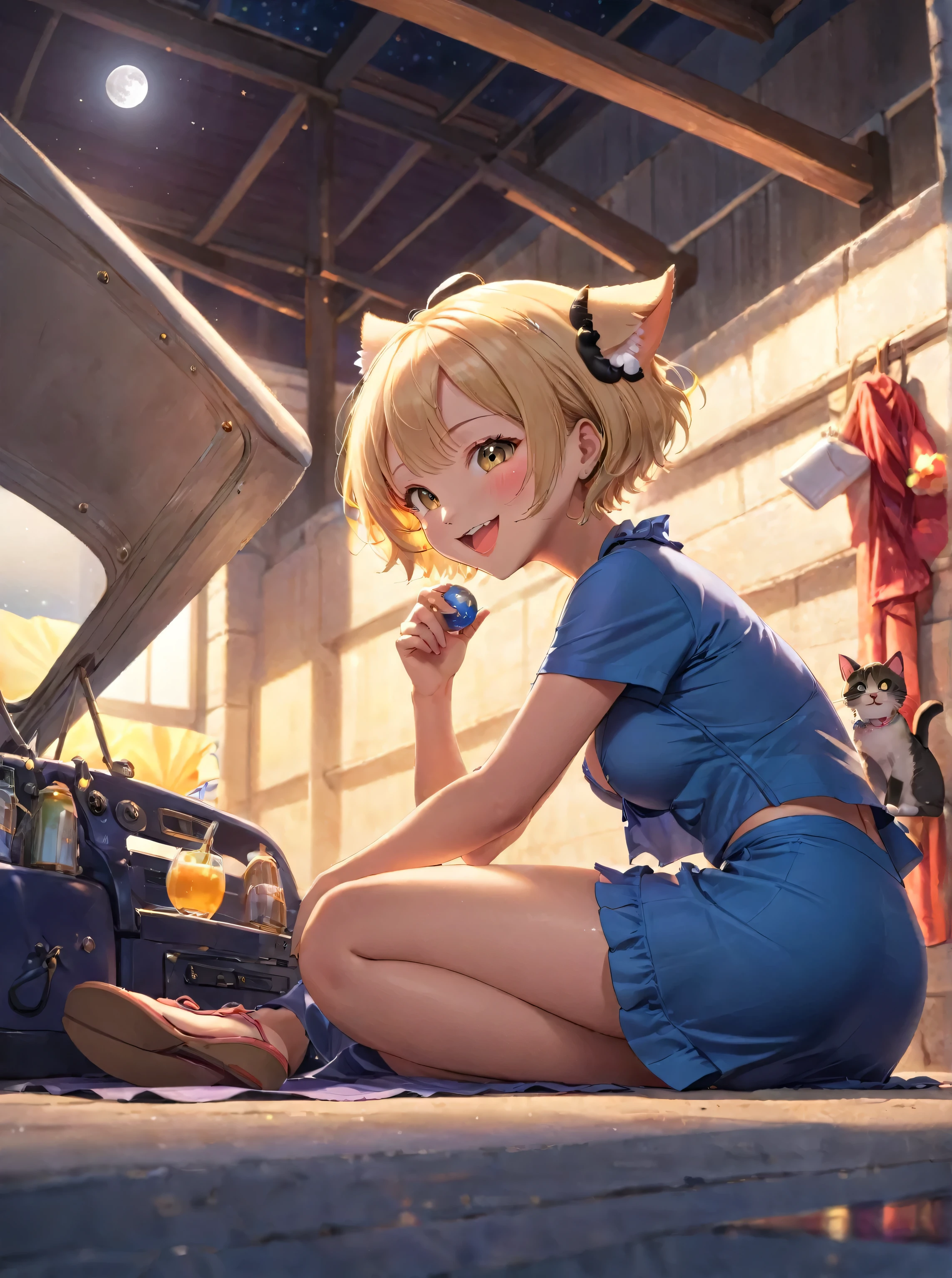realist, 1 girl, Bob cut blonde hair, , bright eyes,big breasts, Top Cropped Deco Tade, short skirt, No panties, , blush, night, Flores Island, sun, luz sunar,(Cat ear)、8k,vivid night、Different world、big moon、one piece bikini、smile、open your mouth and laugh、(Cat ear)、big breasts