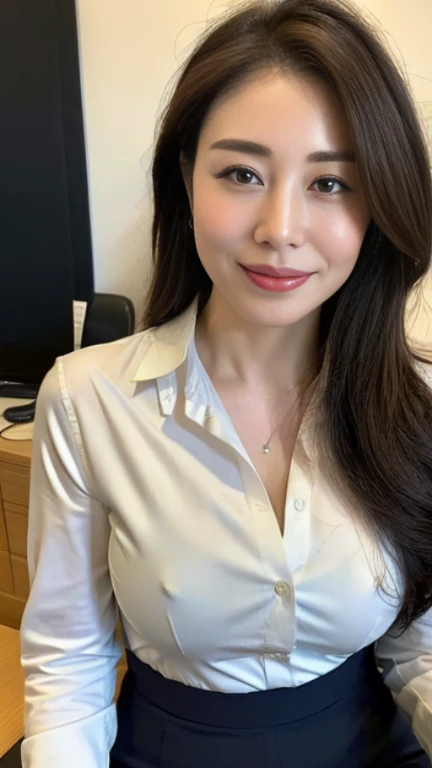 ((highest quality, 8K, masterpiece, portrait: 1.3)), (looking at the viewer), (full shot:0.85), attractive business mature woman, 1 person、 white collared shirt, gray skirt,((big breasts 2.5)) (big pelvis:0.3),((Very plump 2.５))、 (officeの椅子に座っている)), smile:0.2, president&#39;office,good posture、Brown medium hair、gentle smile、office、In the office、