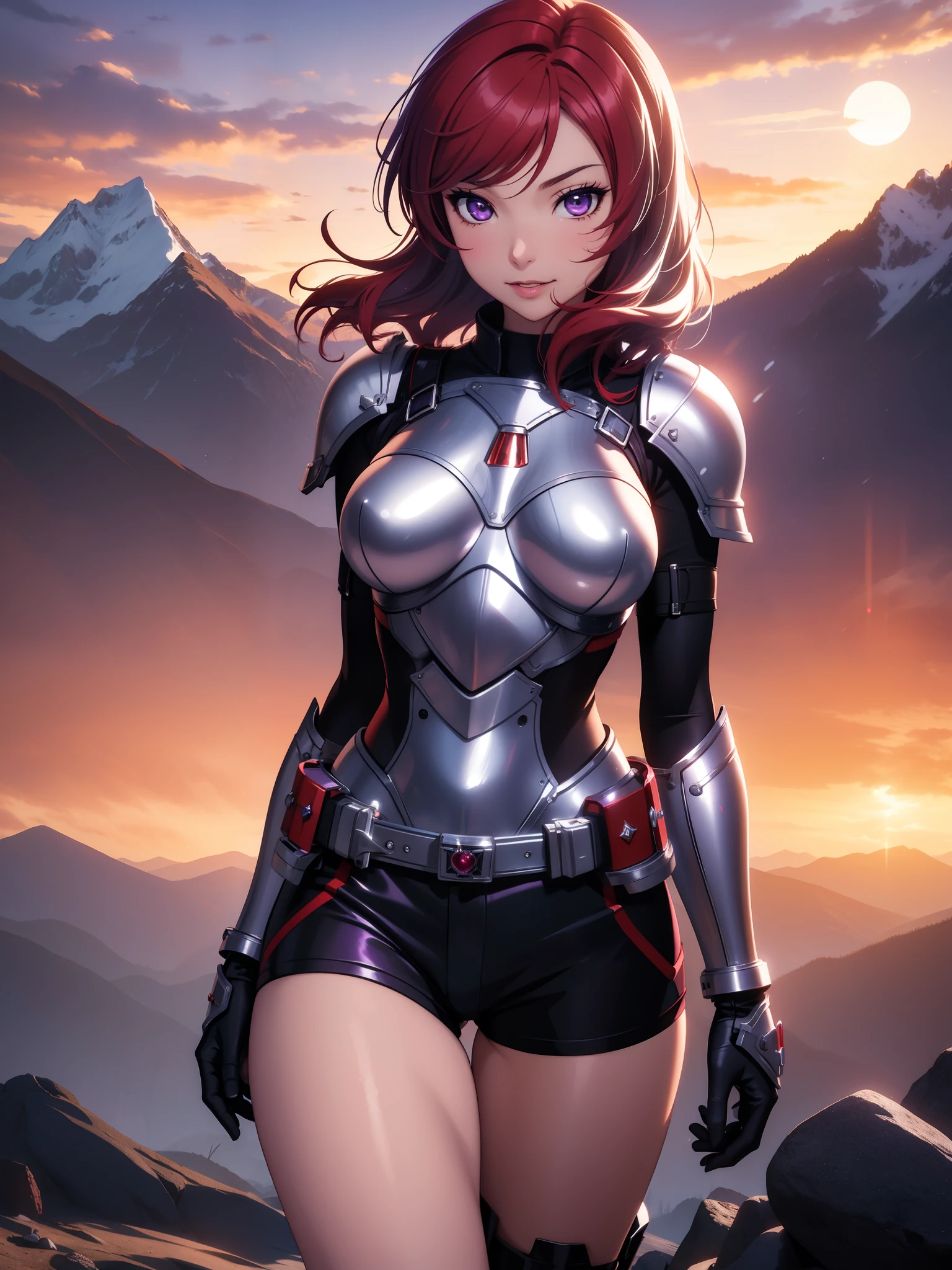 (Masterpiece, Best Quality, High Quality), facing viewer,volumetric lighting, illustration, beautiful, perfect lighting, perfect shadows,Nishikino maki , cowboy shot, (silver armor:1.2), short shorts, thighs, solo, purple eyes ,red hair ,in mountains,under moonlight, dynamic pose