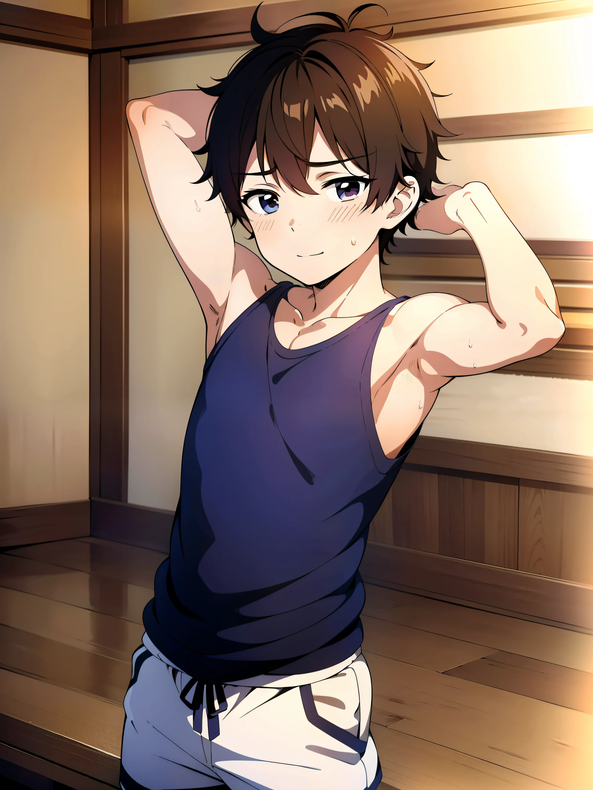 Highres,Masterpiece, Best quality at best,Best Quality,hight quality, hight detailed, Anime style, 1boy, Little Boy, Shota, indoor, Adirable boy, Cheerful boy, basket uniform,Tank Tops, (Showing armpit:1.3), (Sooth armpit), little sweat, boy focus, Uhd, Simple beckground