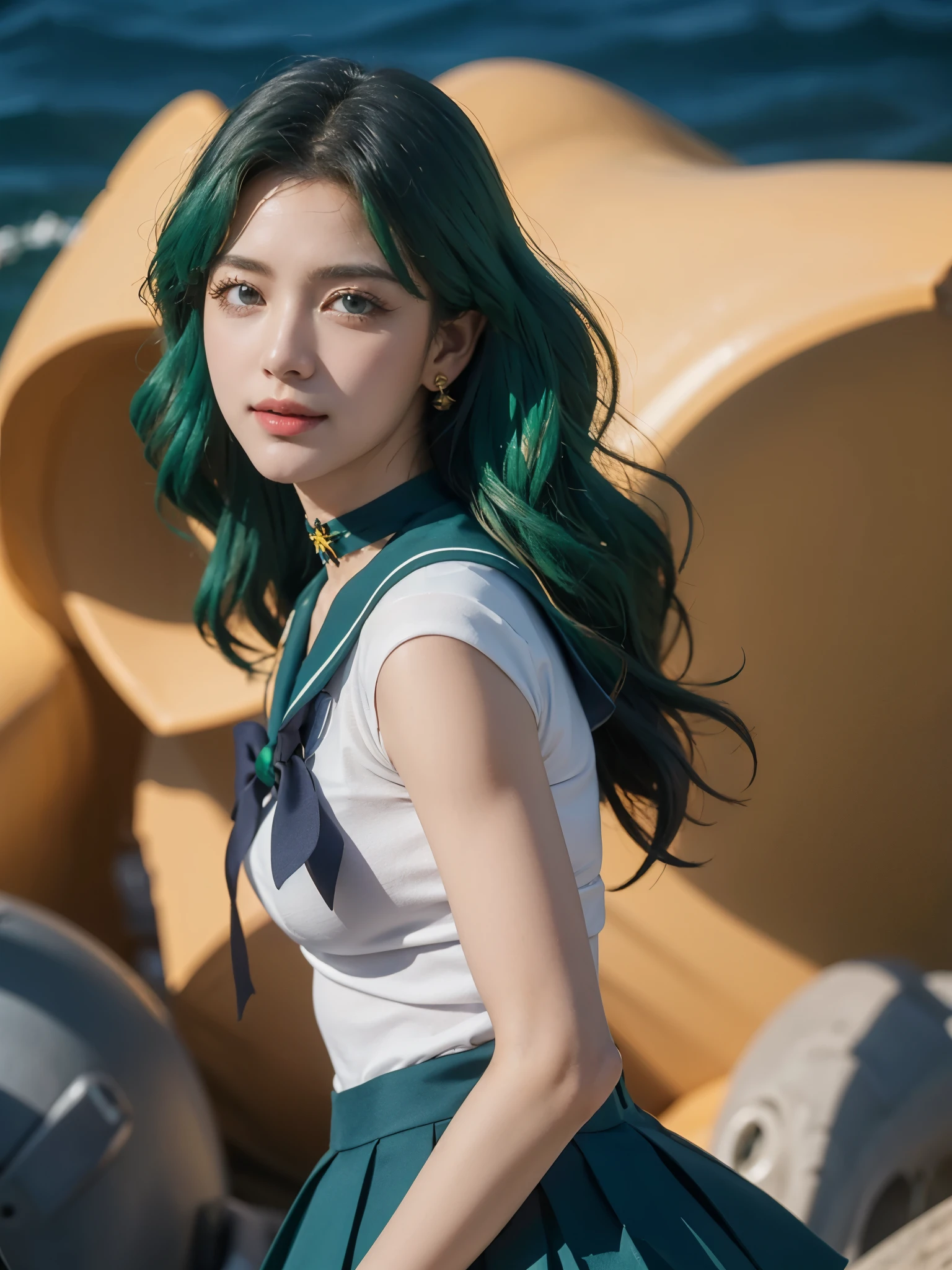 space background, ((HD Real, Sama1 level)), extreme real, masterpiece, best quality, high quality, Sama1, space, amazing beauty, upper body shot, 1 girl, chest, Gloves, Lips, alone, Sailor Neptune, aqua blue eyes, uniform, See more1, tiara, 세일러 센시 uniform, (RAW photos, best quality), masterpiece, Floating dark green hair, Green Sailor Color, curtsey, choker, 흰 Gloves, green choker, elcurtsey gloves, bijouterie, earring, green skirt, Outsole, whole body, dark green medium hair, (perfect hands): 3.8, octane rendering, Goddess of the Sea, (enlargement: 1.2) beautiful eyes in detail, enlargement, small eyes, look at the viewer, to8 contrast style, octane line art, space background, Neptune, sea effect, green, soft smile, Squint your eyes with a smile, hands down, earth background,masterpiece, 4K, very detailed, enlargement, 1 girl, Sailor Neptune, aqua blue eyes, 짙은 green 머리카락, medium hair, (Sailor Neptune uniform:1.1), plea skirt, curtsey, dynamic pose, best quality, masterpiece, high resolution, intricate details, (realistic)), photography, earring, bijouterie, 흰 Gloves, 중간 chest, whole body, 흰 Gloves, sailor collar, Sailor Neptune, clean skin,enlargement, 1 woman, Sailor Neptune, aqua eye, 짙은 green 머리카락, medium hair, (세일러 센시 uniform:1.1), pleated skirt, curtsey, dynamic posture, dynamic background, , best quality, masterpiece, high resolution, intricate details, (( realistic )), of the photo, earring, bijouterie, 흰 Gloves, 중간 chest, whole body, 흰 Gloves, sailor collar