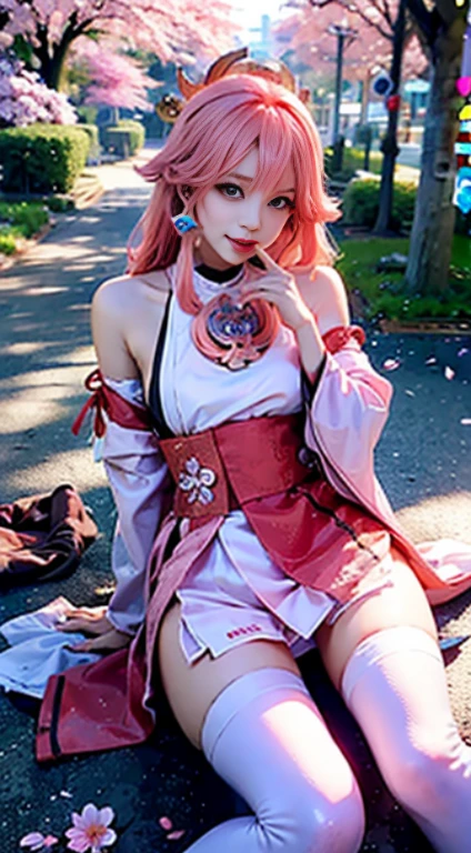 Anime girl posing in pink dress on cherry blossom floor, Kokiyo von Genshin Impact, Nakari von Genshin Impact, Barbie in white stockings, aus dem Videospiel Azure Lane, Ki no Sakura, Beliebt auf cgstation, Ayaka Genshin Impact, Ayaka-Spiel Genshin Impact, Girl sits, Halb liegend, gaping pussy