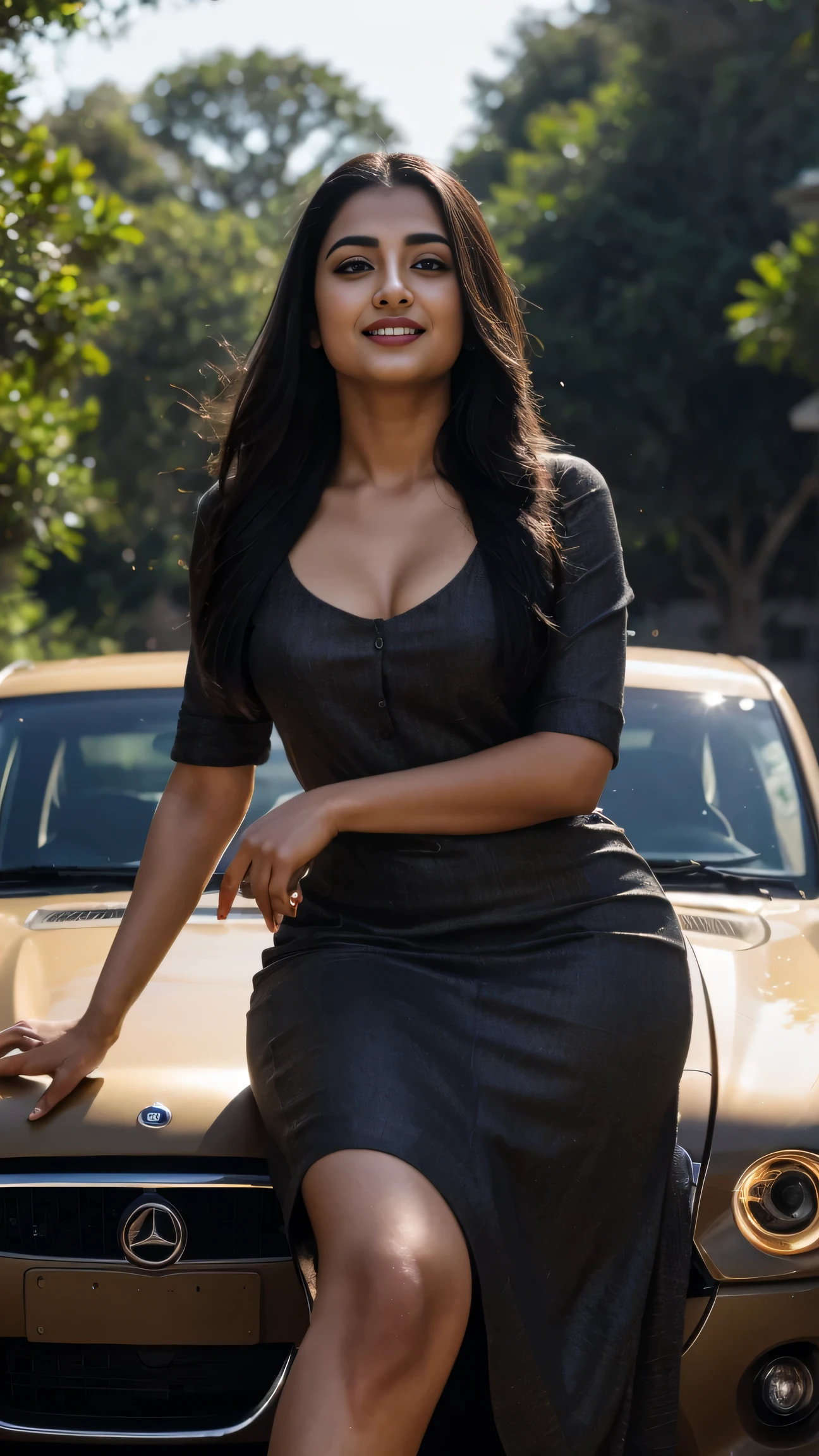 ultra-realistic photographs,Indian Instagram female model,mid 20s,9:16,mid-shot,beautiful detailed eyes,detailed lips,longeyelashes,black long hair style, naturally full eyebrows,perfectly formed nose,expressive face,attractive appearance,elegant posture full head to toe photo,graceful movement, black dress, road atmosphere,car in background,car logo,sitting besind the car soft and natural lighting,vivid colors,photorealistic,HDR,highres,natural lighting,ultra-detailed,bokeh,good smile