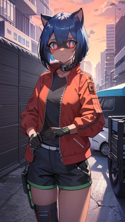 cyberpunk, portrait, Schwarz , Rot neon eyes, stilvoll tragen [Schwarz|Rot] Kleidung steht in einer Stadt, (sonnenaufgang:1.4), Street, kompliziert, fototealistisch , hole body.1.3, ( futuristisches motorrad fahrend:1.4)