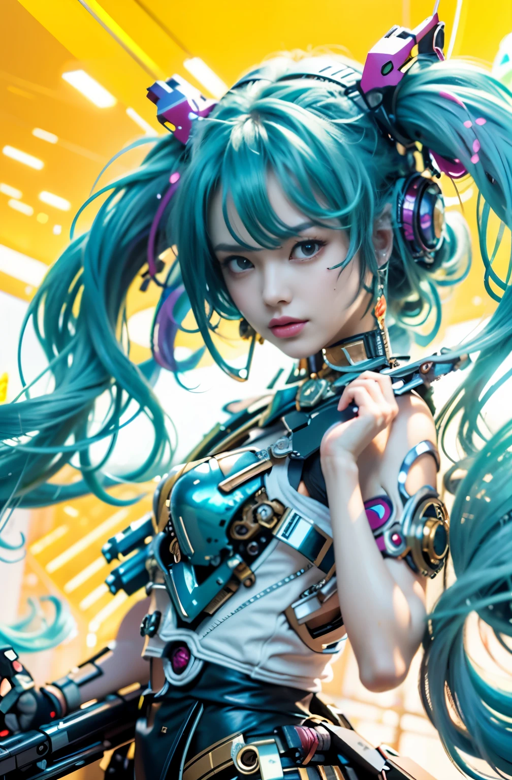 (top-quality:1.2, masterpiece)、ultra high resolution、extremely ultra surrealism, (Photorealsitic:1.4)、Raw photo、(Steampunk Battle Cyborg fallen angel)、large wings made of metal、black porcelain body、red hair、glowy skin、1 Cyborg girl、(mechanical frame:1.3)japanese, extremely cute face, ((super realistic details))、portrait、globalillumination、Shadow、octan render、8K、ultrasharp、character edge light、Details of complex ornaments、Acrylic Clear Cover、Sumerian details、Hydraulic cylinder、Small LED lamp、highly intricate detail、Realistic light、a purple eye、radiant eyes、Facing the camera、neon details、cowboy shot、Futuristic headgear、About Cyberpunk