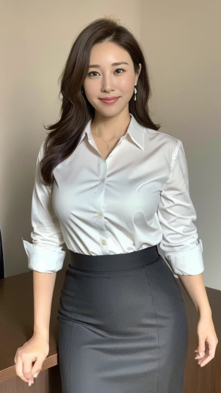 ((highest quality, 8K, masterpiece, portrait: 1.3)), (looking at the viewer), (full shot:0.85), attractive business mature woman, 1 person、 white collared shirt, gray skirt,((big breasts 2.5)) (big pelvis:0.3),((Very plump 2.５))、 (officeの椅子に座っている)), smile:0.2, president&#39;office,good posture、Brown medium hair、gentle smile、office、In the office、