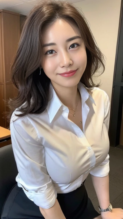 ((highest quality, 8K, masterpiece, portrait: 1.3)), (looking at the viewer), (full shot:0.85), attractive business mature woman, 1 person、 white collared shirt, gray skirt,((big breasts 2.5)) (big pelvis:0.3),((Very plump 2.5))、 (officeの椅子に座っている)), smile:0.2, president'office,good posture、Brown medium hair、gentle smile、office、In the office、