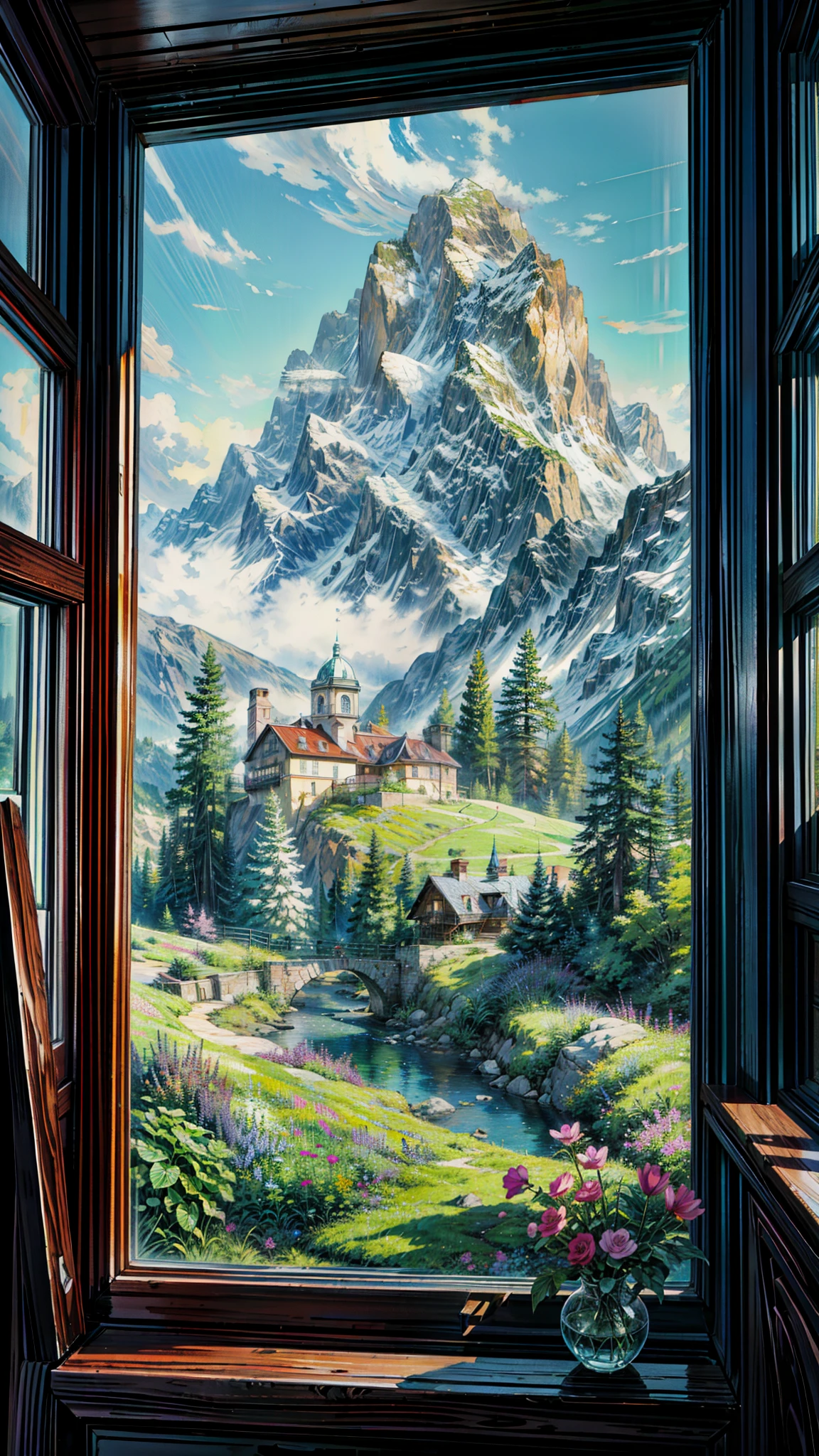 a painting of a mountain view through a window, ( ( thomas kinkade ) ), thomas kinkade style painting, tomas kinkade, realistic windows, thomas kinkade painting, photo of a beautiful window, the window, by thomas kinkade, by Thomas Kinkade, gorgeous painting, hypperrealistic painting, the window is open, rhads and thomas kinkade,  4k hd,, beautiful art uhd 4 k, a beautiful artwork illustration, beautiful digital painting, highly detailed digital painting, beautiful digital artwork, detailed painting 4 k, very detailed digital painting, rich picturesque colors, gorgeous digital painting