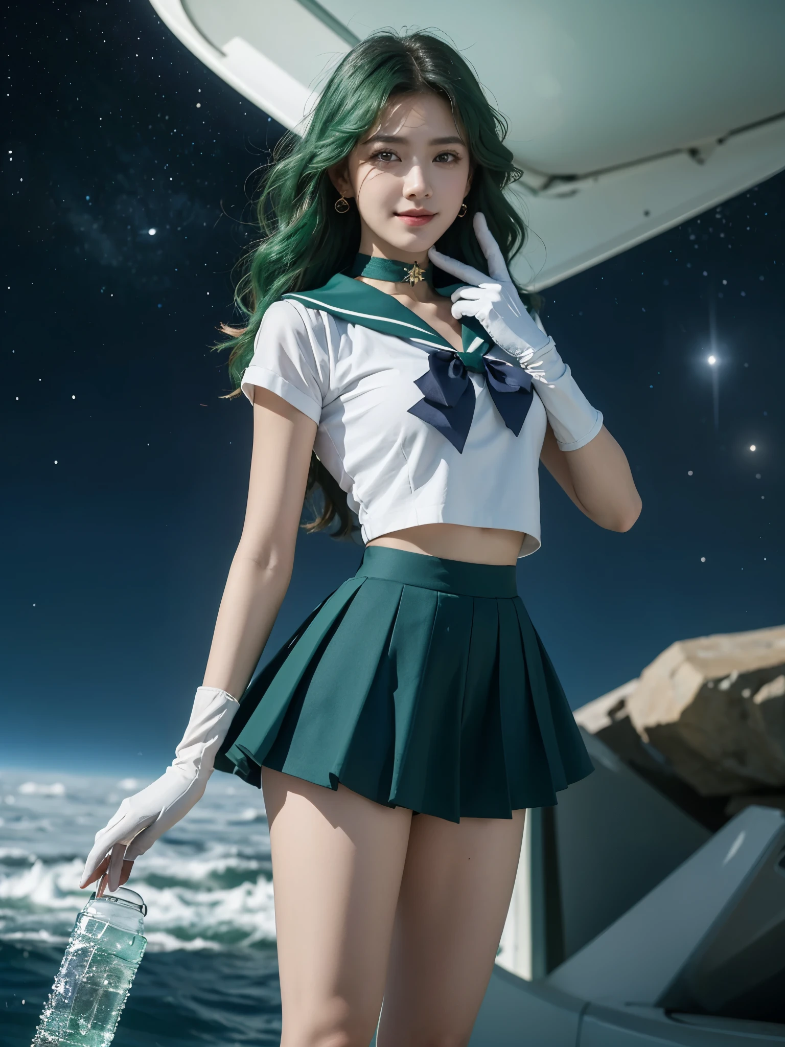 space background, ((HD Real, Sama1 level)), extreme real, masterpiece, best quality, high quality, Sama1, space, amazing beauty, upper body shot, 1 girl, chest, Gloves, Lips, alone, Sailor Neptune, aqua blue eyes, uniform, See more1, tiara, 세일러 센시 uniform, (RAW photos, best quality), masterpiece, Floating dark green hair, Green Sailor Color, curtsey, choker, 흰 Gloves, green choker, elcurtsey gloves, bijouterie, earring, green skirt, Outsole, whole body, dark green medium hair, (perfect hands): 3.8, octane rendering, Goddess of the Sea, (enlargement: 1.2) beautiful eyes in detail, enlargement, small eyes, look at the viewer, to8 contrast style, octane line art, space background, Neptune, sea effect, green, soft smile, Squint your eyes with a smile, hands down, earth background,masterpiece, 4K, very detailed, enlargement, 1 girl, Sailor Neptune, aqua blue eyes, 짙은 green 머리카락, medium hair, (Sailor Neptune uniform:1.1), plea skirt, curtsey, dynamic pose, best quality, masterpiece, high resolution, intricate details, (realistic)), photography, earring, bijouterie, 흰 Gloves, 중간 chest, whole body, 흰 Gloves, sailor collar, Sailor Neptune, clean skin,enlargement, 1 woman, Sailor Neptune, aqua eye, 짙은 green 머리카락,  pleated skirt, curtsey, dynamic posture, dynamic background, , best quality, masterpiece, high resolution, intricate details, (( realistic )), of the photo, earring, bijouterie, 흰 Gloves, 중간 chest, whole body, 흰 Gloves, sailor collar