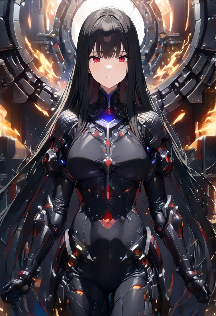 beautiful detailed background, octane render, 8k, best quality, masterpiece, illustration, extremely delicate and beautiful, detailed,extremely detailed,CG,unity,wallpaper,Amazing, fine detail, realistic art: 1.2 ,masterpiece, best quality, official art, extremely detailed CG unity 8k wallpaper,1girl, (((long black straight hair,))), dark knight,red eyes,beautiful face, upper body,(black Armor and red robe,) looking at view, realistic photo,Evil laugh, (hiqcgbody) ,perfect female figure,earring,narrow waist, (looking at view), alluring,prestige,(fire,indoor,ruins)