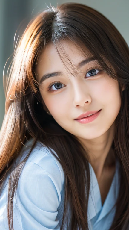 (((32k,high details,high detail、masterpiece,attention to detail,alone))),Raw photo & realistic atmosphere,beautiful dark blue eyes,detailed mouth,glossy lips,thin eyebrows,fine eyes、Soft white skin that shines in every detail、sheの深い黒い目はとても美しいです,lip details、very beautiful face,very well-shaped face、lifelike face,shining beautiful lips,beautiful eyebrows,infinite reality, Realistic young gravure idol,she'she'she'she'she'she'very cute woman , young gravure idol, young gravure idol, Very beautiful and cute 22 years old beautiful girl,incredibly beautiful and classy,22 years old beautiful girl,natural soft light,(shiny hair,,Beautiful and kind eyes:1.5),gentle smile,well-shaped chest,medium long hair,tie hair,beautiful posture,no makeup,think ahead,