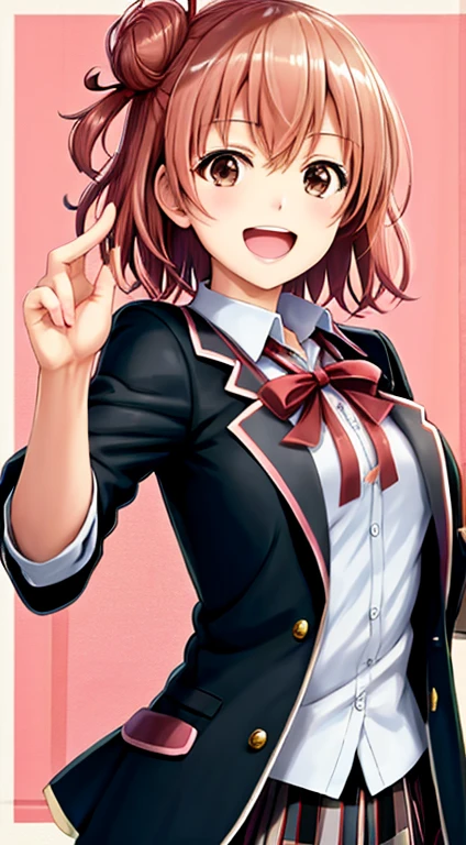 yuigahama yui, short hair, (brown eyes:1.5), (pink hair:1.2), bun hair, シングルヘアbun hair,skirt, shirt, ribbon, , Jacket, 白のshirt, 黒いJacket, blazer, Sobu High ,
,girl,look at viewer,laughter