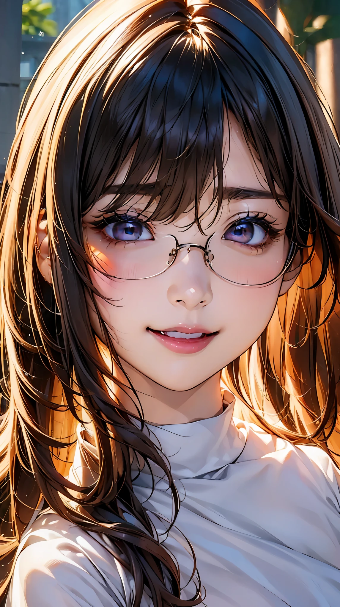 (NSFW:1.2), (8K, RAW photo, best image quality, masterpiece: 1.4), (Highly detailed CG Unity 8K wallpaper, highest quality, High resolution: 1.2), (ultra_be familiar with, UHD: 1.2), super highly be familiar with, (realistic, realistic: 1.48), 1 girl, focus only, light brown hair, long hair, side lock, bangs, ((dark purple eyes:1.4, round eyes, beautiful eyelashes)), clear eyes, brown sweater, Glasses, Big breasts, very big breasts, shiny hair, beautiful be familiar with cold face, enchanting smile, Beautiful and delicate eyes with intricate details, very accurate details, skin dents, outdoor, grassland, perfect face, be familiar with顔, perfect body, beautiful eyes, beautiful face,(face focus),(Portrait:1.5),naked,