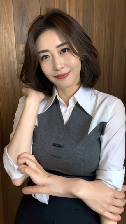 ((highest quality, 8K, masterpiece, portrait: 1.3)), (looking at the viewer), (full shot:0.85), attractive business mature woman, 1 person、 white collared shirt, gray skirt,((big breasts 2.5)) (big pelvis:0.3),((Very plump 2.５))、 (officeの椅子に座っている)), smile:0.2, president&#39;office,good posture、Brown medium hair、gentle smile、office、In the office、