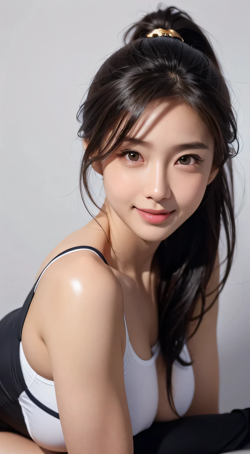 Beautiful woman，body portrait、16k，fine and beautiful eyes，Dindal effect、masterpiece, 最high quality, high quality, High resolution、very detailed photos、(natural skin texture、fine skin、hyper realism、Super sharpness)、high detail skin、(very detailed、fine skin texture、intricate details、beautiful face、(lifelike face)、realistic eyes、beautiful and detailed eyes、ponytail、real looking skin、beautiful skin、big breasts、G cup、glamorous、shiny skin、Oily muscle、tanned skin、Black glowing skin、Wearing a sexy sailor suit、Plump buttocks、sexy thighs、full body shot:1.5、surreal、very detailed、golden ratio、with smiling eyes、body portrait