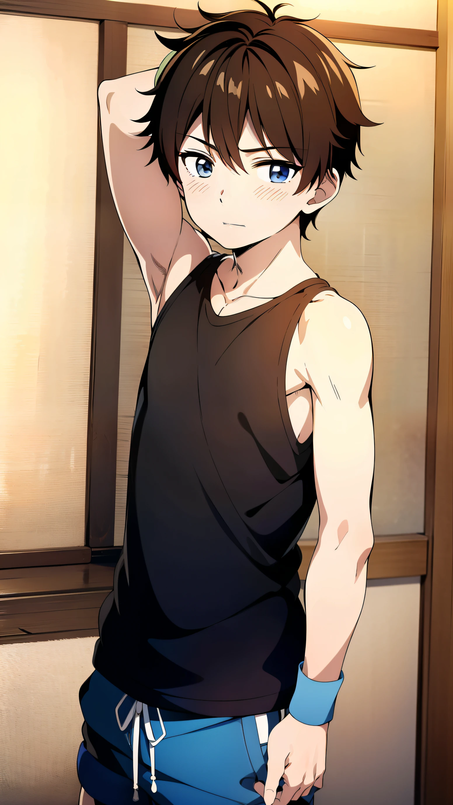 highres,Masterpiece, Best quality at best,Best Quality,hight quality, hight detailed, Anime style, 1boy, , Shota, indoor, Cheerful boy, basket uniform,Tank Tops, (Show his armpit:1.3, Sooth armpit), boy focus, Uhd, Simple beckground