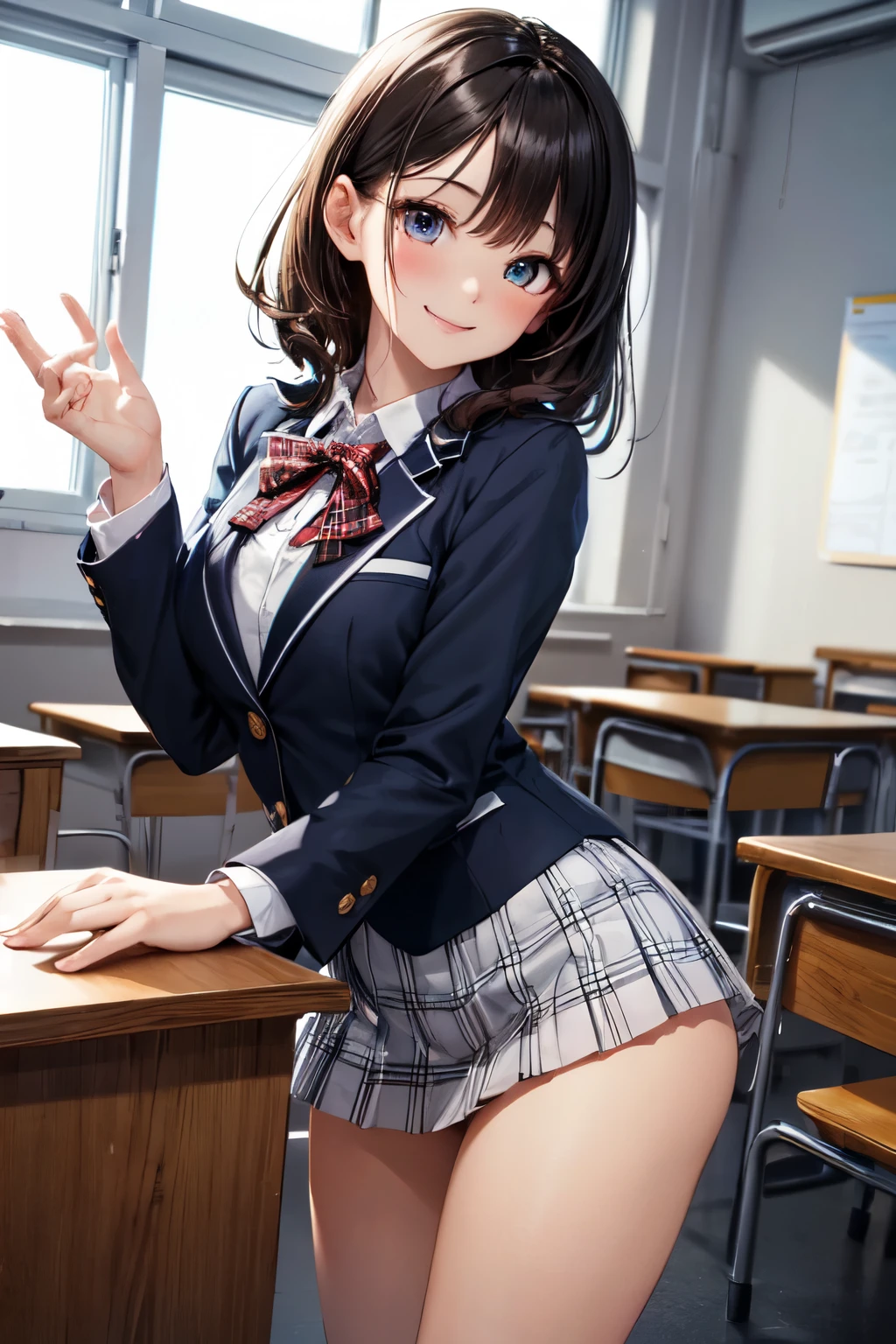 very cute and beautiful girl,(highly detailed beautiful face and eyes),blue blazer uniform,cute ribbon,(pleated plaid mini skirt), standing,(skirt lift,white panties),(smile),blush,looking at viewer,black hair,medium hair,wooden classroom, (best quality,masterpiece:1.0),absurdres,highres,ultra-detailed,extremely detailed,32k,8k resolution, intricate details,cinematic scene,detailed background,solo,dynamic angle,perfect hands,